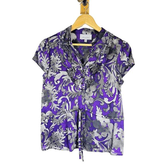 Classiques Entier Purple Grey 100% Silk Shirt Short Sleeve Ruffles Womans XS GUC - Picture 1 of 15